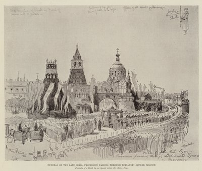 Funeral of the Late Czar, Procession passing through Lubianski Square, Moscow by Melton Prior